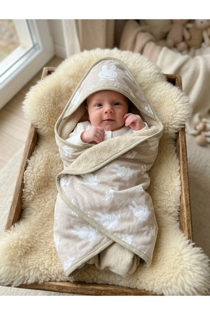 Outlet/ Soft and Fluffy Double-Sided Baby Girl and Boy Plush Hooded Blanket 85X85 cm Beige / Rabbit