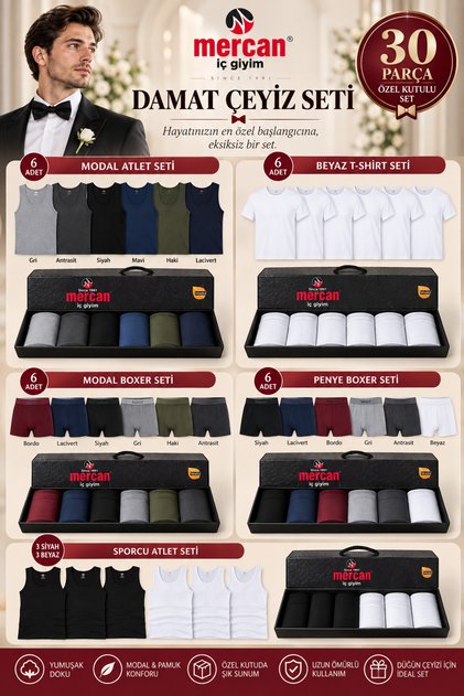 Men's 30 Piece Groom Dowry Set with Special Boxed Modal Undershirt T-Shirt Boxer Sports Athlete Undershirt