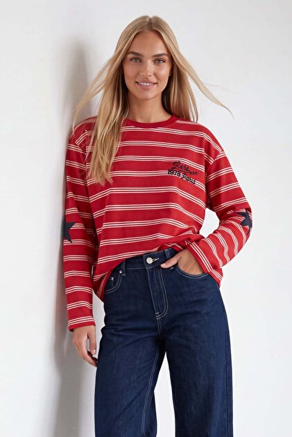 Women's Red Ribbed Crew Neck Oversize Striped Sweatshirt Alc-X15947
