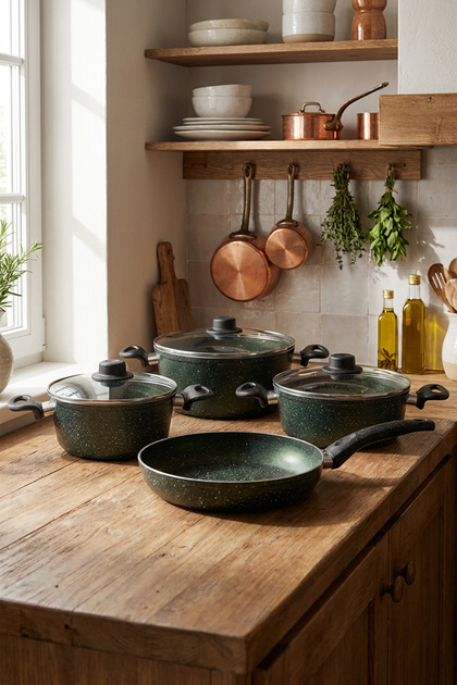 7 Piece Granite Cookware Set Green Color 20-24 cm Non-Stick Cookware Set