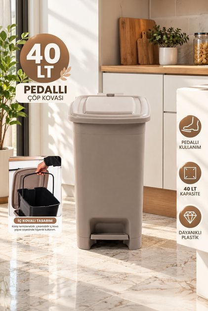 1139 40 Lt İç Kovalı Pedallı Çöp Kovası - Slim Mutfak Ve Banyo Çöp Kovası Latte / Bej