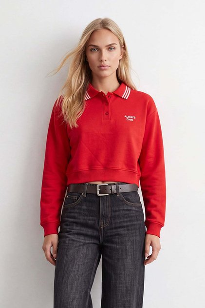 Women's Red Ribbed Polo Collar Embroidery Detailed Three-Thread Sweatshirt Alc-X15960