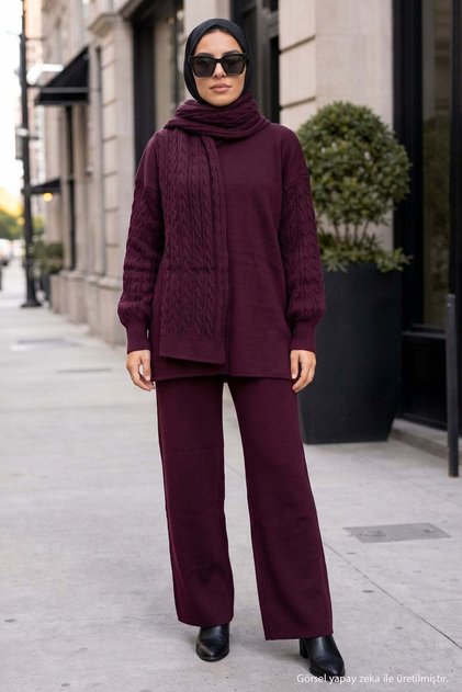 Knitted Sweater Set with Scarf Mürdüm Hm2960