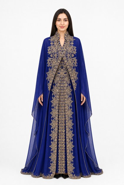 Women's Long Caftan with Hand Embellishments and Open Book Style Collar, Model 03
