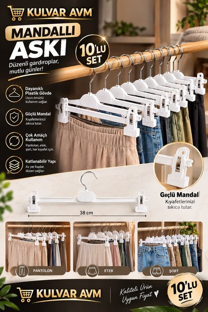 Etek Askısı Mandallı Askı Etek Pantolon Düzenleyici 10 Lu Paket Plastik