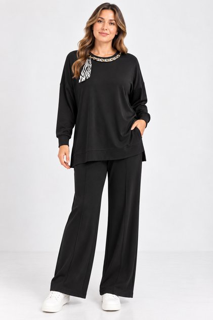 Plus size knitted modal set with floor-length accessories - black