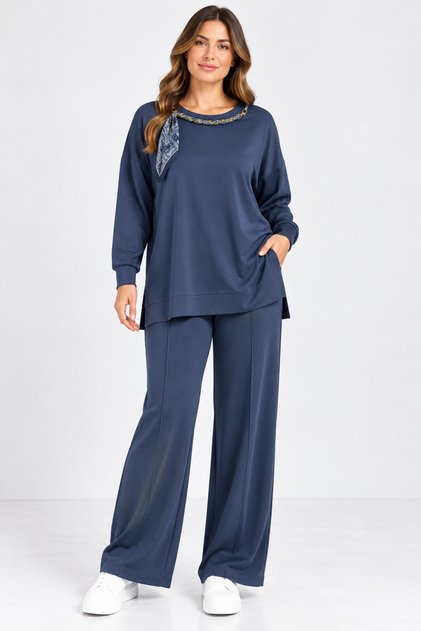 Plus Size Knitted Modal Suit with Flör Accessories Navy Blue