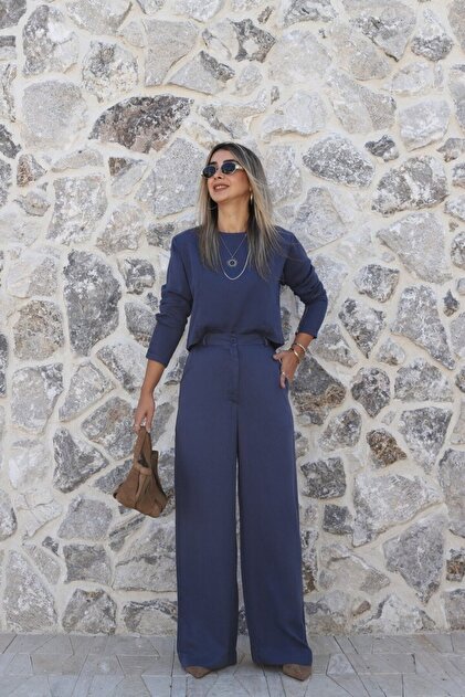 Indigo Back Zipper Blouse and Pants Set