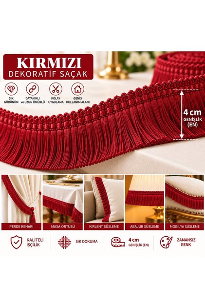 Yüksek Kalite ip Saçak Kırmızı Püskül 1 Metre – Dekoratif Şerit, Şık Tasarım