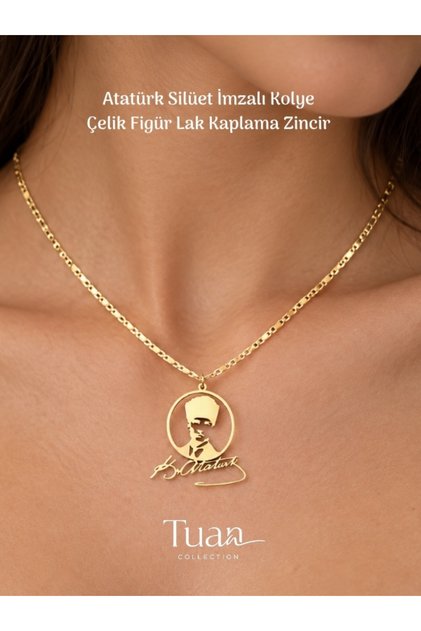 Ataturk Signed Portrait Necklace – Steel Laser-Cut Figure, Lacquer-Coated Chain