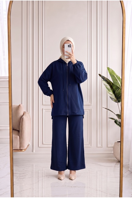 Nilbahar Hooded Zippered Pantsuit-Ma2877 Navy Blue