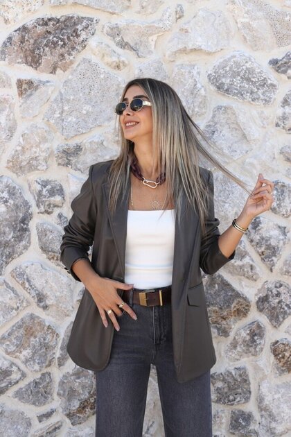 Khaki Button Detail Leather Blazer
