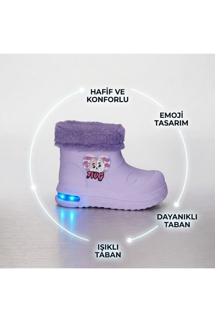 525 Lila Işıklı Su Geçirmez İçi Kürklü Kız Çocuk Çizmesi