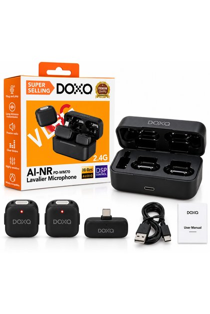 DOXA PD-WM70 AI-NR Wireless Lavalier Microphone, 2.4G Wireless Mic with Noise Reduction, Hi-Res Audio, DSP Control, Plug & Play, Dual Microphone with Charging Case, Black
