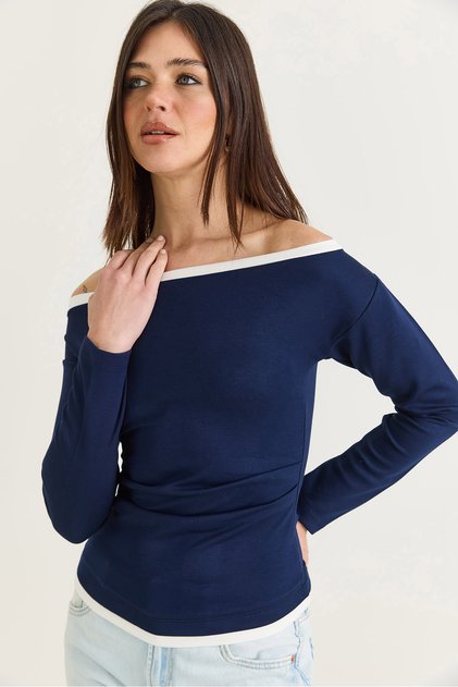Women's Navy Blue Contrast Piping Boat Neck Gathered Detailed Blouse 36062 60286620