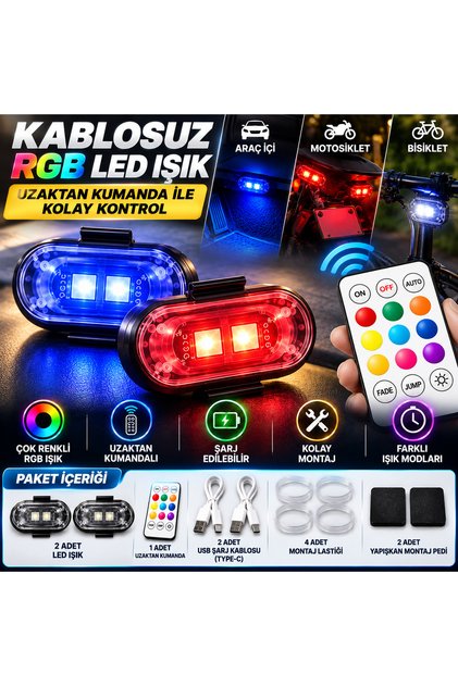 Kablosuz RGB LED Araç İçi Aydınlatma Uzaktan Kumandalı Şarjlı Çakar Işık – Oto Motosiklet Bisiklet Uyumlu