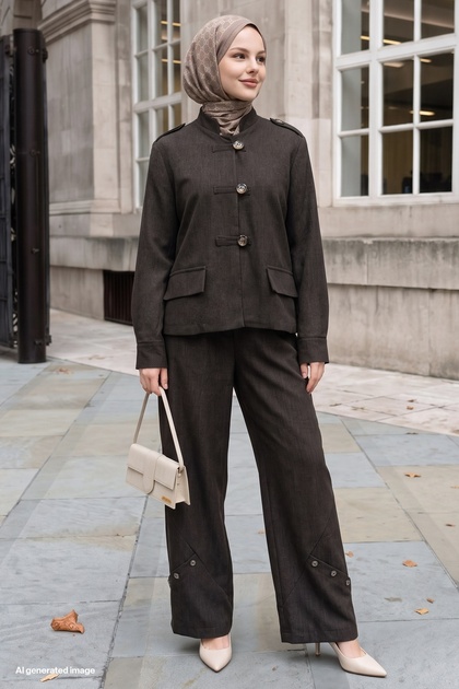Button Detail Pants Jacket Bitter Brown Suit