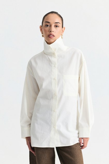 Belted Stand Collar Shirt