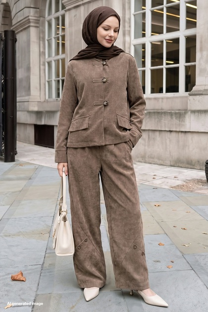 Button Detail Pants Jacket Milk Coffee Color Set