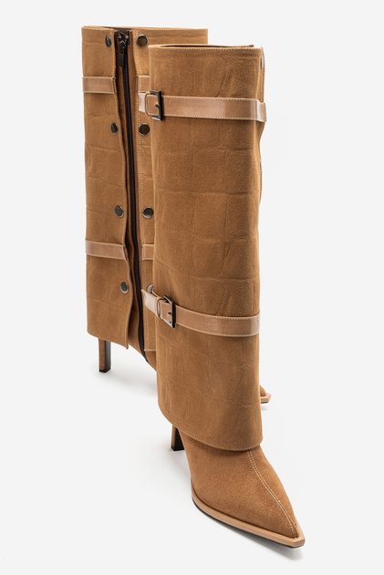 Pien Tan Suede Print Pointed Toe Women's Thin Heeled Boots
