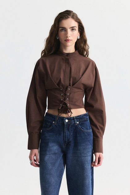 Bağcıklı Korse Detaylı Poplin Gömlek