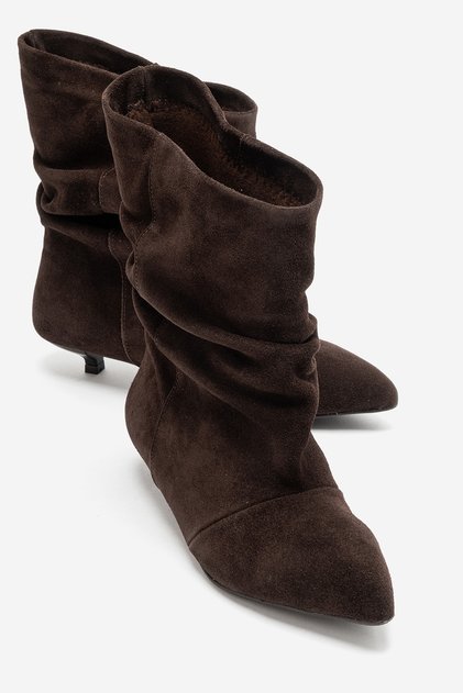 Lancy Brown Suede Genuine Leather Women's Bellows Short Heeled Boots