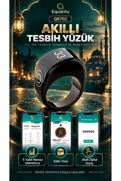 Qb702 Akıllı Zikir Yüzüğü Oled Ekranlı, Bluetooth Ve Ezan Hatırlatıcı