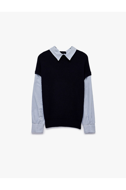 Shirt Collar Layered Striped Long Sleeve Sweater