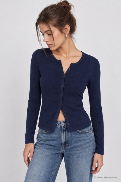 Buttoned Basic Ribbed Knitted Cardigan Lrn0001 Dark Blue