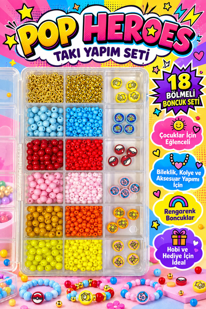 Pop Heroes 18-Compartment Children's Jewelry Making Set – Colorful Beads and Figured Bracelet Necklace Design Hobby Set 🌈 💥 🧿