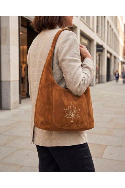 Suede Shoulder Bag, Lotus Embroidered Shoulder Bag, Black Women's Hobo Shoulder Bag, Ltsbag