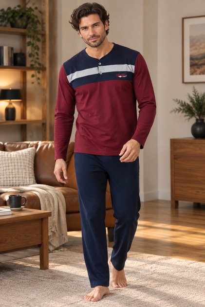 Long Sleeve Single Jersey Fabric Collar Buttoned Embroidery Detailed Men's Pajama Set