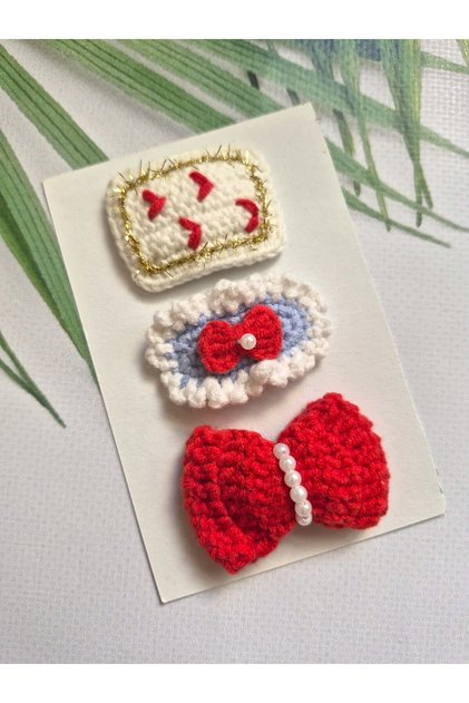 Kırmızılım Love Set Baby Shower Baby Gift Hairless Baby Hairpin 3-Piece Baby Mevlüt Gift Handmade Knitted Organic Baby Hair Accessories
