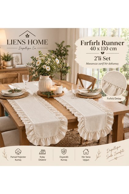 Fırfırlı Krem Runner 2'li set 40x110 cm Keten Dokulu Bohem Masa Dekorasyon Örtüsü