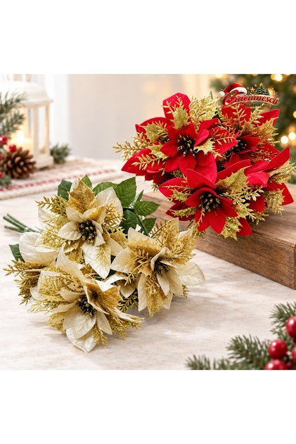 Buchet de Flori Artificiale pentru Craciun, Accente Aurii -