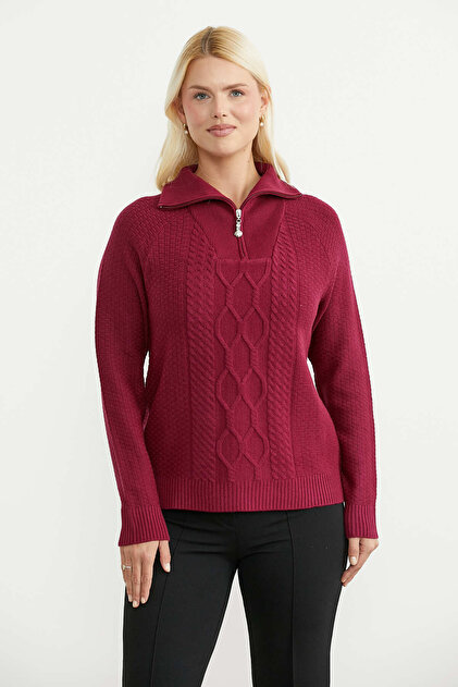Stand Collar Zippered Knitwear Sweater - Claret Red