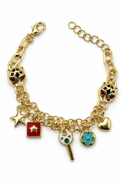 Women's Gold Color Panther Figured Charm Bracelet 20 cm Colorful Dangle Accessory Bracelet