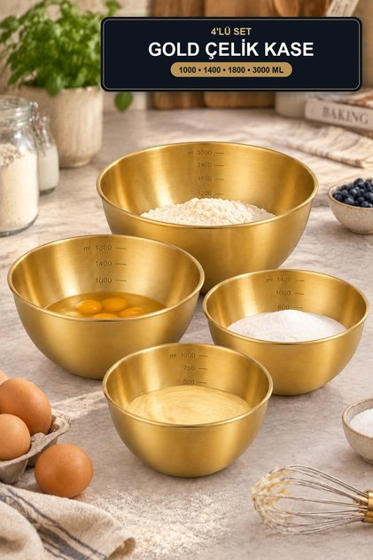 Set of 4 Gold Steel Mixing Bowls 1000 1400 1800 3000 ml with Measurement Lines