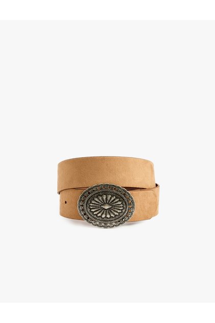 Suede Look Oval Ethnic Buckle Detailed Belt