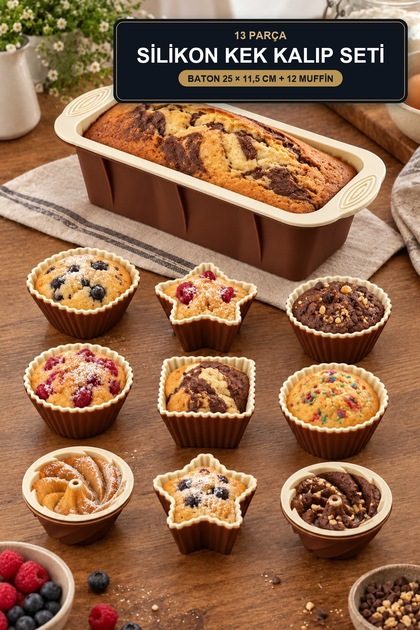 13 Piece Silicone Cake Mold Set Baton 25X11.5 cm and 12 Muffin Molds Non-Stick Whisk Gift