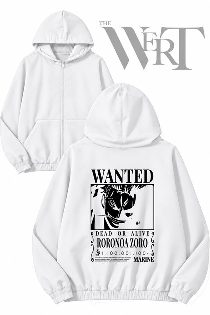 Roronoa Zoro Wanted Back Print Zippered Hooded White Cardigan (2 Yarns)