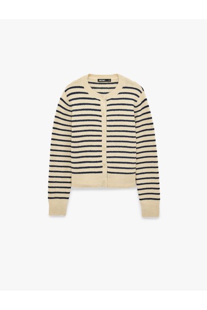 Regular Fit Crew Neck Long Sleeve Wool Blend Striped Cardigan