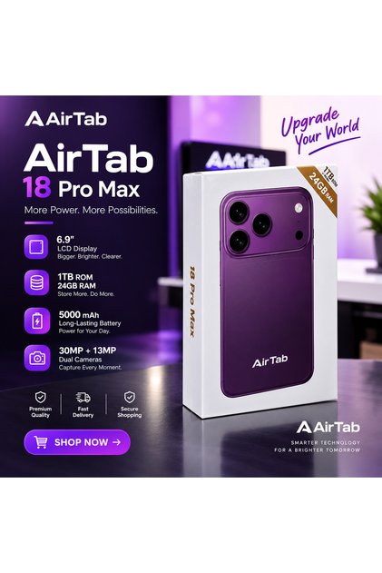 Airtab18 Promax - شاشة HD+ Incell مقاس 6.8 بوصة، ذاكرة وصول عشوائي 24 جيجابايت + تخزين 1 تيرابايت، نظام أندرويد 16، كاميرا 30 ميجابكسل + 13 ميجابكسل، بطارية 5000 مللي أمبير