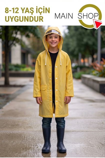 Children's Yellow Water and Windproof Raincoat with Visor, Hood and Snap Pocket (Ages 8-12)