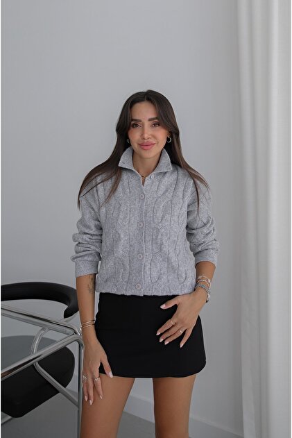 Gray Corded Hair Knit Cardigan