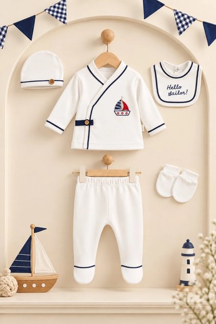 100% Cotton Sailing Embroidered Baby Boy 5-Piece Hospital Release Newborn Set