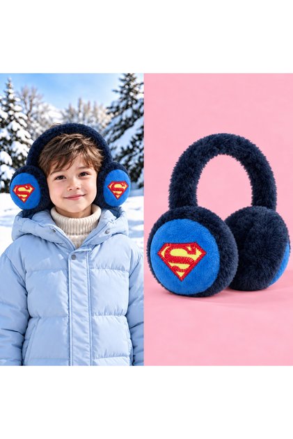 Cute Superman Patterned Navy Blue Young Girls Boys Plush Earmuff Furry Winter Ear Warmer Hat Cold Proof
