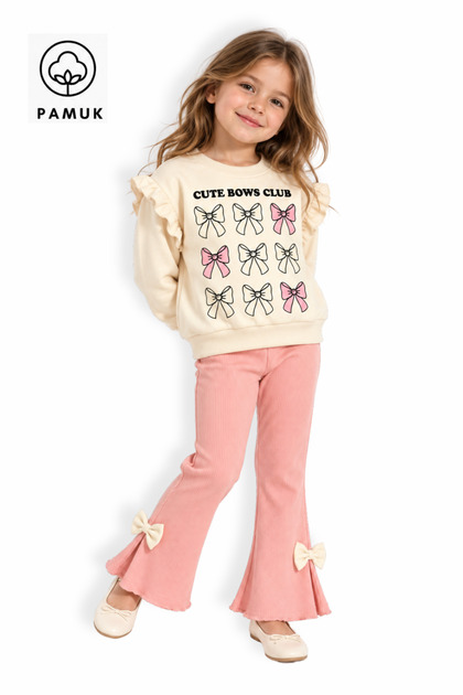 Girl's Bow Printed Two-Thread Non-Stretch Fabric Seasonal Pink Color Top and Bottom Set