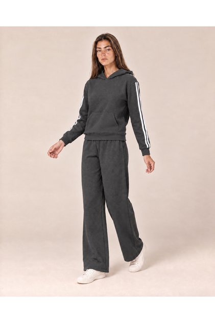 Women's Tracksuit Hoodie and Wide Leg Pants Set with Side Stripes