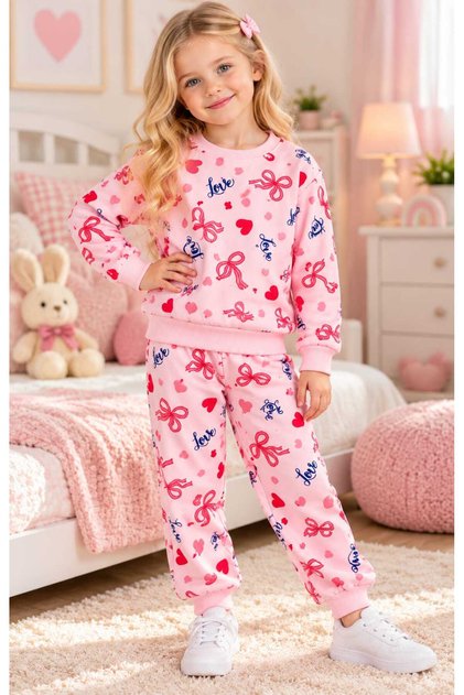 Girl's Heart Bow Printed Crew Neck Bottom-Top Long Sleeve Children's Pajama Set